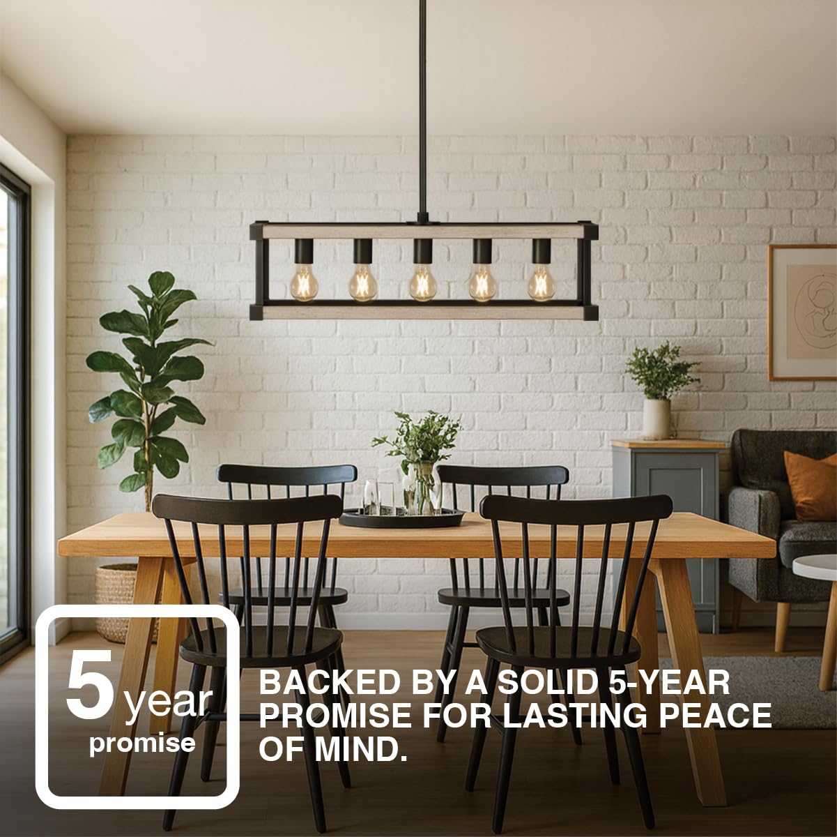 Sylvania 27" Island Pendant Light Fixture, 5-Bulb, Adjustable Height with Accessories Included, Hardwire, Faux Wood/Black Matte Finish - 1 Pack (63587) - Image 7