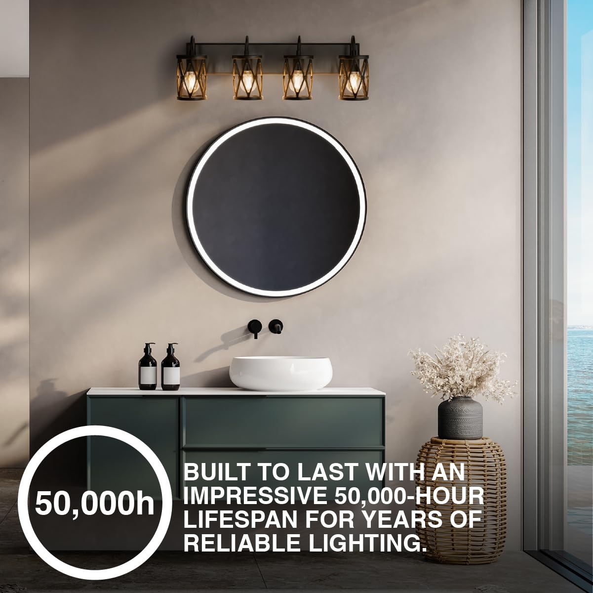 Sylvania 28" Vanity Light with 90 Lm Integrated Nightlight, 4-Bulb Fixture, Indoor/Bathroom/Hallway, Hardwired, Black Matte Finish - 1 Pack (63583) - Image 5