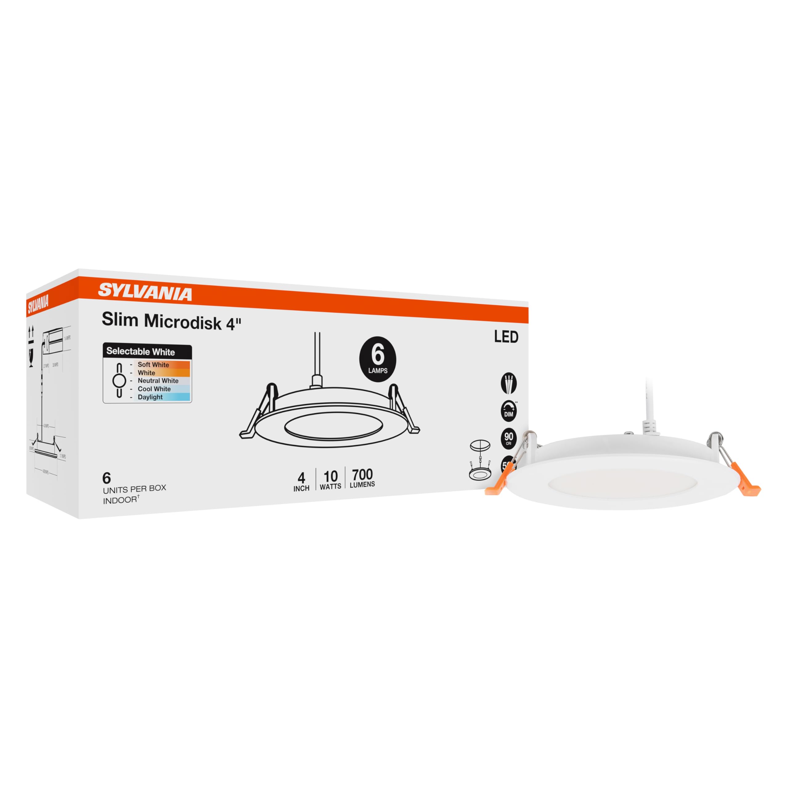 Sylvania 4" Slim Microdisk Downlight, 10W, 5 CCT Select (2700K - 5000K) Recessed Lighting, 700 LMS, 90 CRI, Dimmable, Wet-Rated, White - 6 Pack (61189) - Image 9